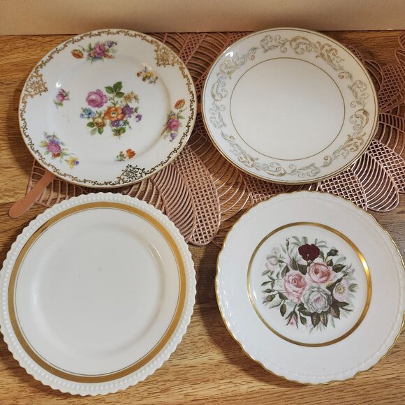 4- Mismatched Floral ~6.25" Fine China Dessert Cake Plates Gold Accents Porcelai - Picture 5 of 6